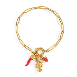 Gold paperclip chain bracelet with chili, lobster and strawberry charms for women