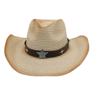 Detail eines gewebten Stroh-Cowboyhuts mit Kunstlederband und türkisfarbenem Sternsymbol