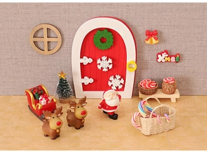 Miniature Christmas elf door set with Santa, reindeer, and sled for holiday DIY decor