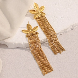 Detail of 18K gold plated flower earrings with long beaded fringe tassels on stone base