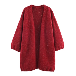Cardigan femme rouge oversize en maille avec paillettes brillantes et coupe longue