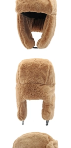 Three-view display of light brown faux fur trapper hat with chin buckle and thick lining