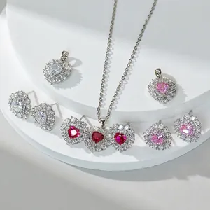 Fashion Copper Heart Zirconia Jewelry Set For Women Red Pink White Heart Pendant Necklace And Earrings Set Elegant Commute Jewelry