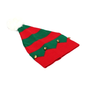 Festive red and green striped Christmas elf knit hat with white pompom and gold bells