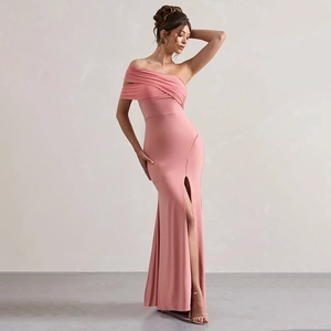 Elegant off-shoulder pink evening gown with side slit and mesh detail for women