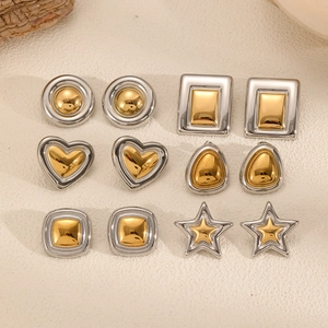 Two Tone Stainless Steel Stud Earrings Geometric Heart Star Square Round Drop Polished Minimalist Fashion For Women