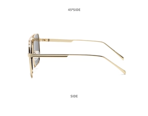 Detailed side profile of trendy double-bridge sunglasses with gold metal frames and gray lenses