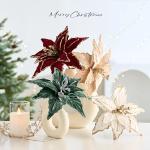 Velvet artificial poinsettia with glitter petals for Christmas tree and home decoration