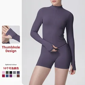 Haut Et Bas De Yoga Tricoté Nervuré Pour Femme Veste À Col Montant Zippée À Manches Longues Avec Passe-Pouces Et Short Taille Haute