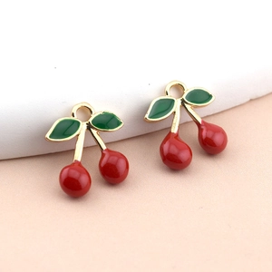 Pendentifs cerises rouges avec feuilles vertes et bords en alliage doré pour bijoux DIY