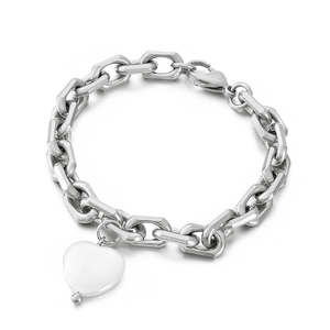 Vintage stainless steel chunky chain bracelet featuring a shell heart pendant on white background