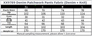 Size chart showing denim patchwork trousers measurements with fabric composition details