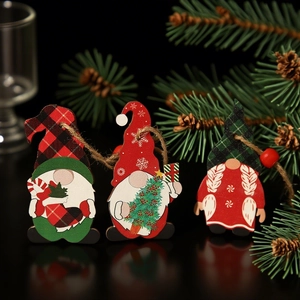 Three-piece Christmas wooden gnome hanging ornaments with classic plaid hats and twine