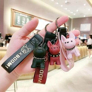 French Bulldog Keychain Resin 3D Cartoon Dog Bag Charm With PU Leather Strap Creative Cute Keyring For Couples Pet Lovers