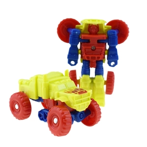 Detail of 2-in-1 yellow construction monster truck and its robot transformation form