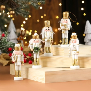5-piece set of white and gold wooden nutcracker soldier ornaments for Christmas decor