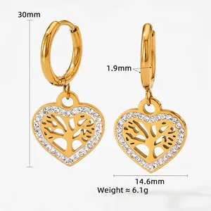 Gold hollow heart earrings with tree of life design and sparkling crystal inlay