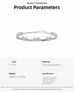 Detailed parameter table and macro shot of S925 sterling silver butterfly zircon bracelet