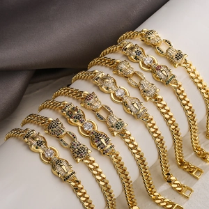 Leopard Head Cuban Link Bracelet Copper Gold Plated With Colorful Cubic Zirconia Hip Hop Punk Fashion Jewelry For Women