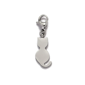 Detailed view of silver stainless steel cat silhouette pendant with lobster clasp attachment
