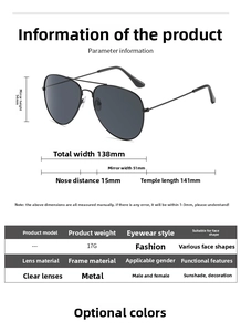Detailed size chart showing 54mm lens height and dimensions for metal frame sunglasses