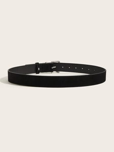 Close-up of black matte suede leather belt with a classic silver square pin buckle