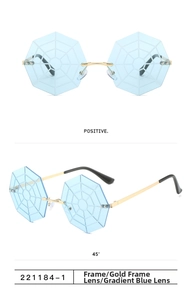 Detail of rimless spider web sunglasses with gradient blue lenses and gold metal frames
