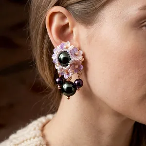 Vintage purple floral drop earrings with lustrous dark pearls and delicate beadwork