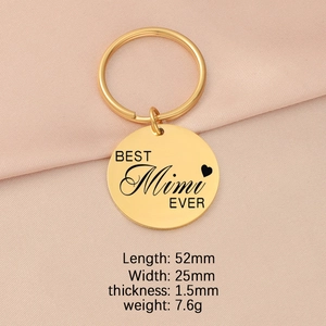 Detail view of gold stainless steel keychain with BEST Mimi EVER engraving and dimensions