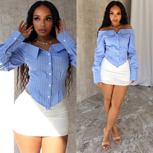 Striped Blouse Cotton Woven Off-The-Shoulder Long Sleeve Slim Fit Button Front Asymmetric Hem Casual Street Style Women