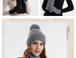 Detailed knit texture of the gray winter beanie, scarf and gloves three-piece set