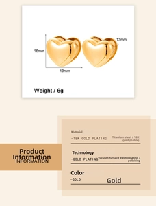 Detailed size specifications of 18K gold plated titanium steel heart earrings 16x13mm
