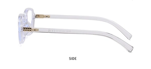 Transparente Brille mit klarem Gestell Seitenansicht Detailaufnahme mit Tempelspezifikationen.