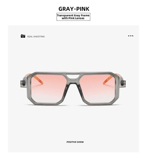 Front view of double bridge square sunglasses with transparent grey frame and pink lenses