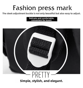 Detail of durable white plastic adjustment buckle on black woven backpack strap