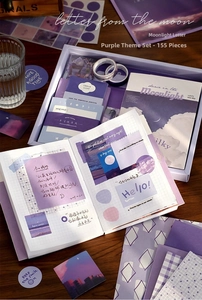 Close-up of Moonlight Letter vintage purple stationery set with washi tape and stickers