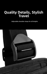 Detail of adjustable black nylon shoulder strap with heavy-duty plastic buckle and weaving