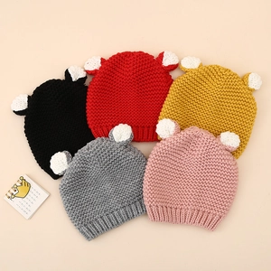 Winter knit baby hats with cute white ears in five solid colors for boys and girls