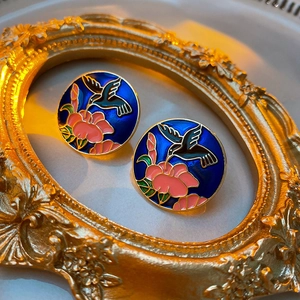 Vintage round hummingbird and flower enamel stud earrings with gold plating finish
