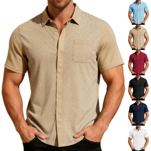Chemise cardigan pour hommes à manches courtes, texture géométrique et col à revers