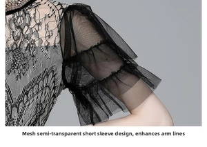 Détail des manches en mesh multicouches transparentes et broderie de dentelle noire