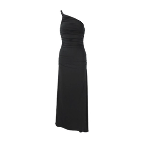 Detail of elegant black one-shoulder maxi dress with sophisticated ruched texture