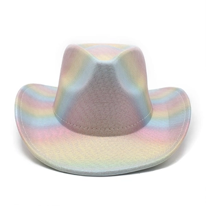 Detail of rainbow cowboy hat with metallic texture and horizontal stripe pattern