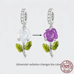 S925 silver rose charm with UV-sensitive petals changing from white to purple