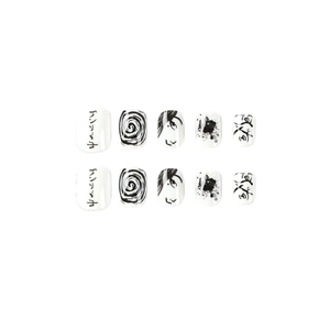 Black and white manga style press-on nails with artistic anime patterns and characters