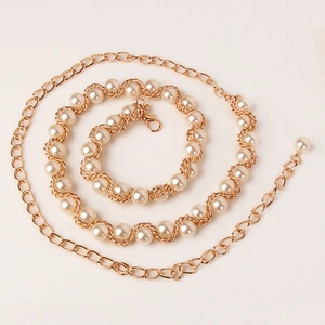 Elegant gold metal chain belt with woven white pearls for women's dresses on white background