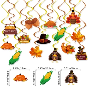 Detail of Thanksgiving hanging swirls featuring turkey and pumpkin with card dimensions