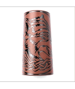 Close-up of brown PU leather Viking bracer featuring an embossed wolf head and knot patterns