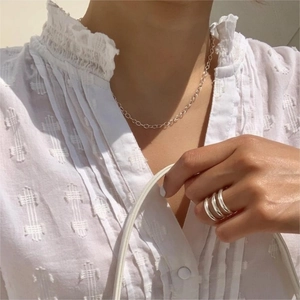 Minimalist 925 sterling silver O-chain necklace and triple band ring set for women