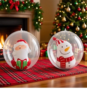 Inflatable Christmas globes with Santa and Snowman figures on red plaid mat décor
